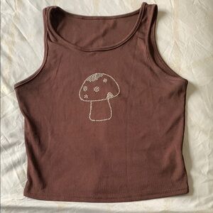 Brown Tank Top with Mushroom Rhinestones